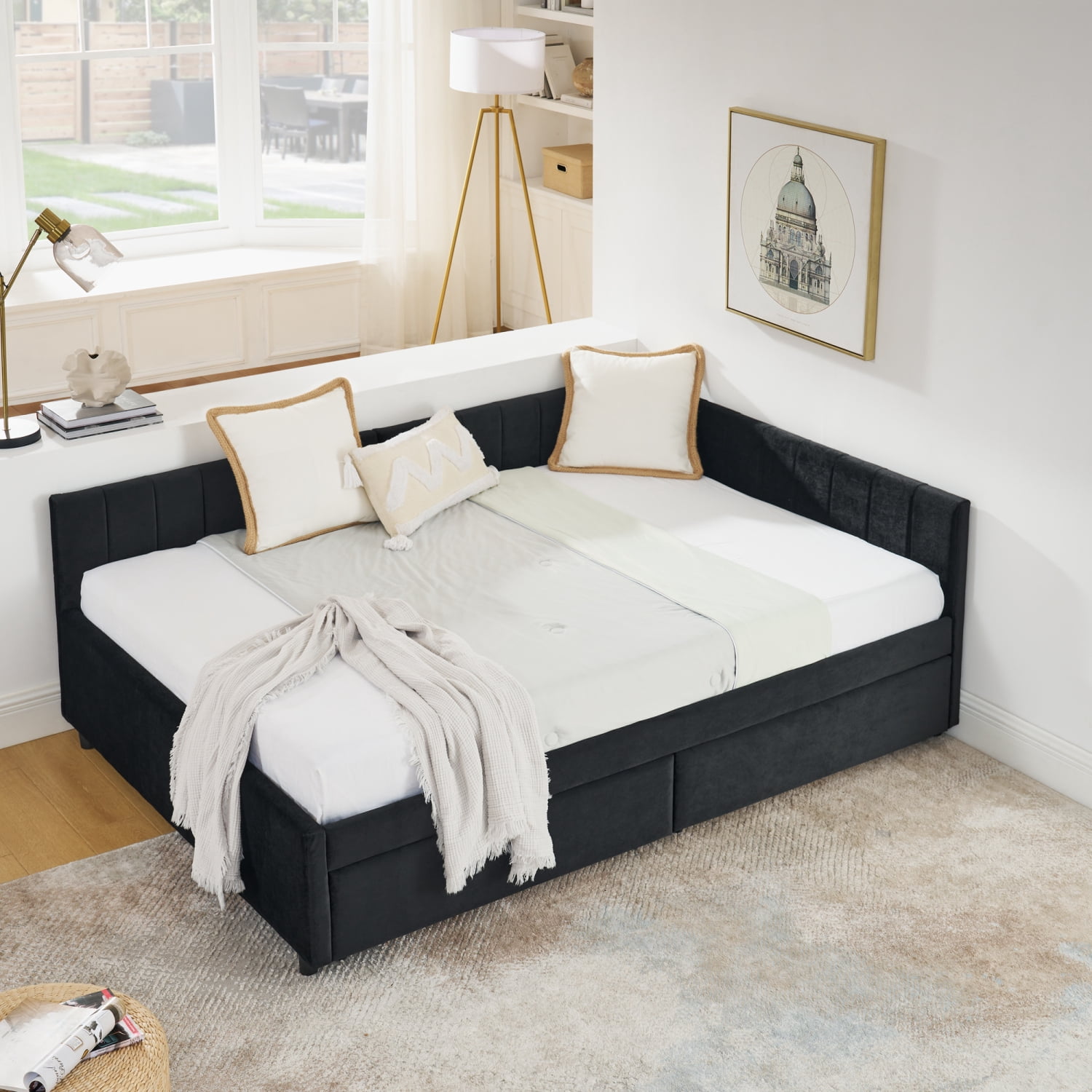 Leumius Full Size Corner Bed Frame with Storage Drawers,Modern Daybed with Velvet Upholstered Guardrail and L-Shaped Headboard for Living Room Guest Room,Black