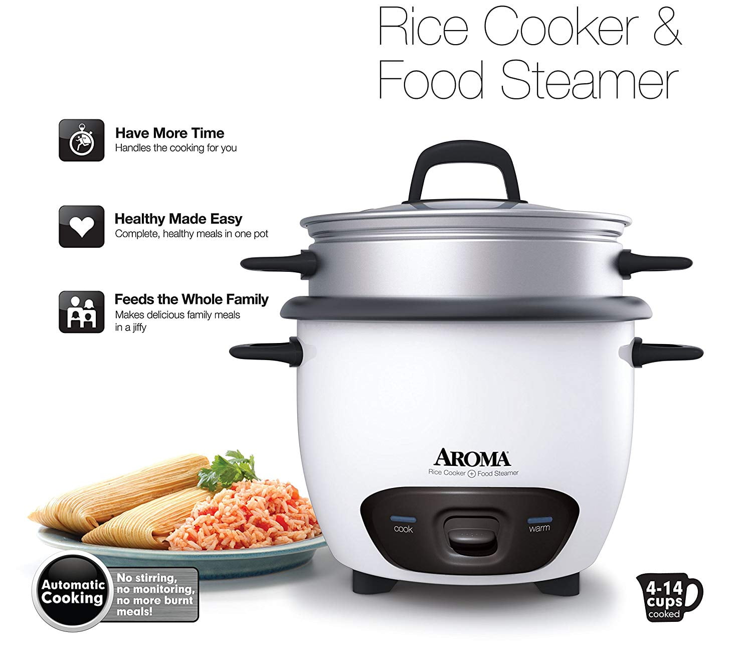 AROMA® 14-Cup (Cooked) / 3Qt. Select Stainless® Rice & Grain Cooker, White,  New, ARC-757-1SG 