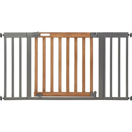 

End Safety Baby Gate Honey Oak Stained Wood with Slate Metal Frame – 30” Tall Fits Openings up to 36” to 60” Wide Baby and Pet Gate for Wide Spaces and Open Floor Plans