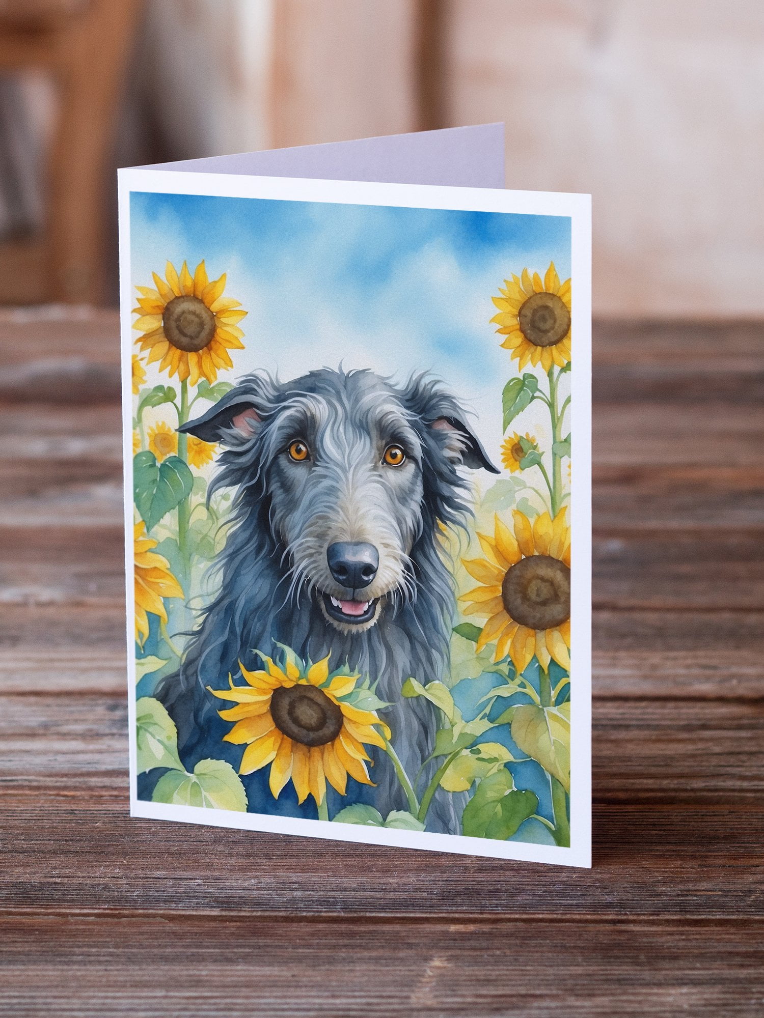 Scottish Deerhound in Sunflowers Greeting Cards Pack of 8 7 in x 5 in