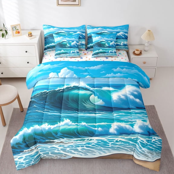 Manfei Large Ocean Wave 7-Piece Twin Bedding,Bright Cloud Bedding Comforter Set,White Blue,Colorful Stars Reversible