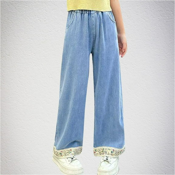 HAOTAGS High Rise Jeans Juniors Comfy Wide Leg Cargo Trousers Stretch Washed Pocket Girl Dailywear Light Blue 11 Years