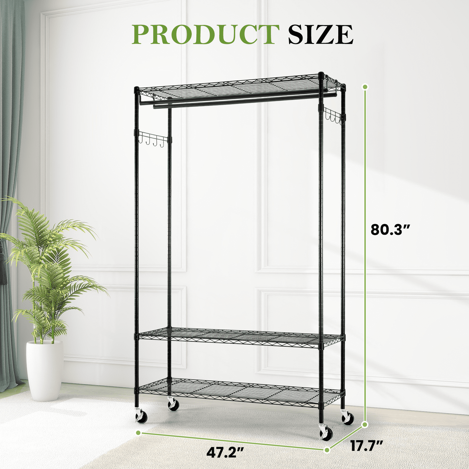 Aukfa Adjustable Rolling Clothes Rack with Bar & Shelves for Hanging Clothes,Black
