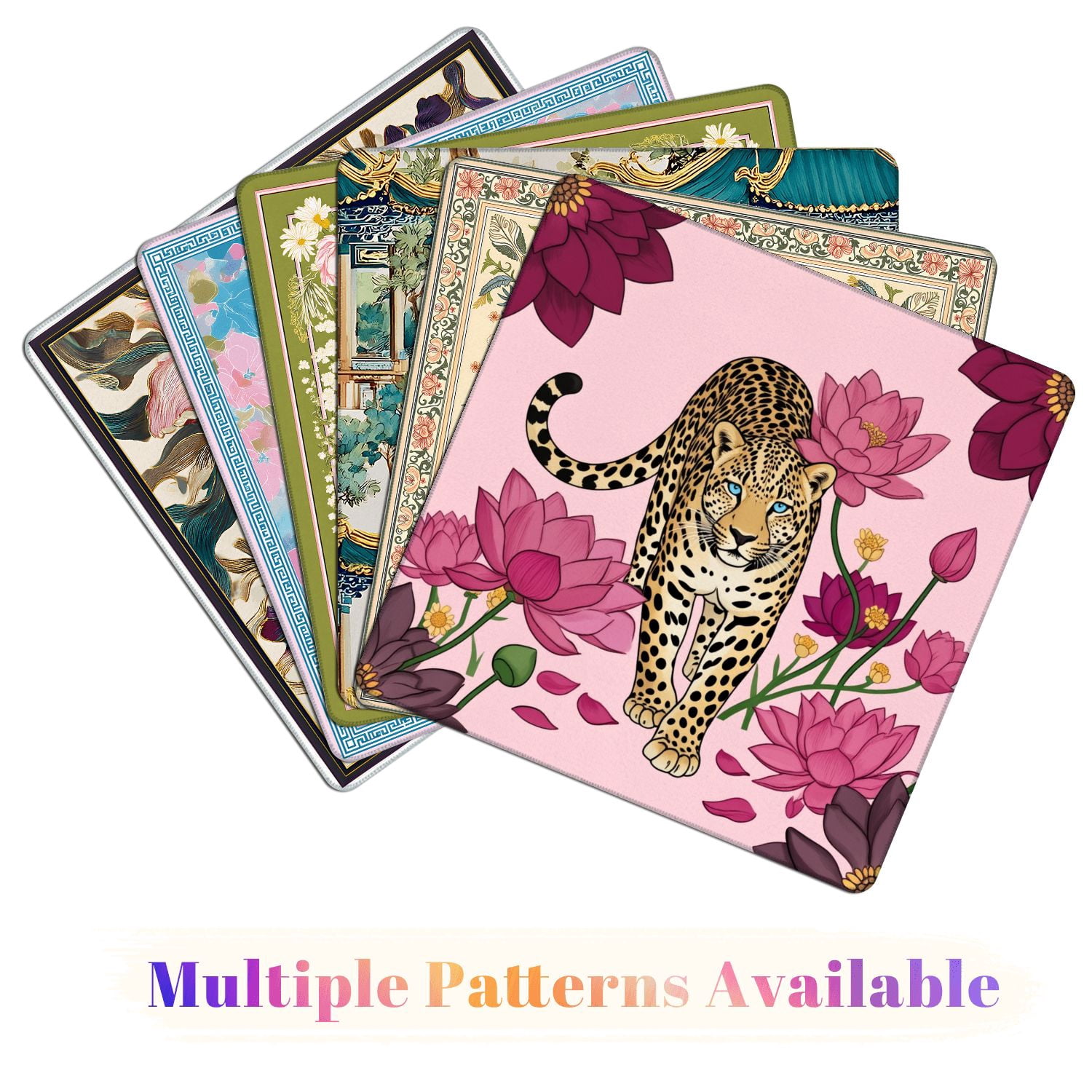 Mahjong Mat 31.5" x 31.5" Majestic Leopard Blue Eyes Among Pink Purple Lotus Flowers Non-Slip Noise Reduction American Mahjong Tiles Table Cover for Dominoes Poker Card Board Games Gift