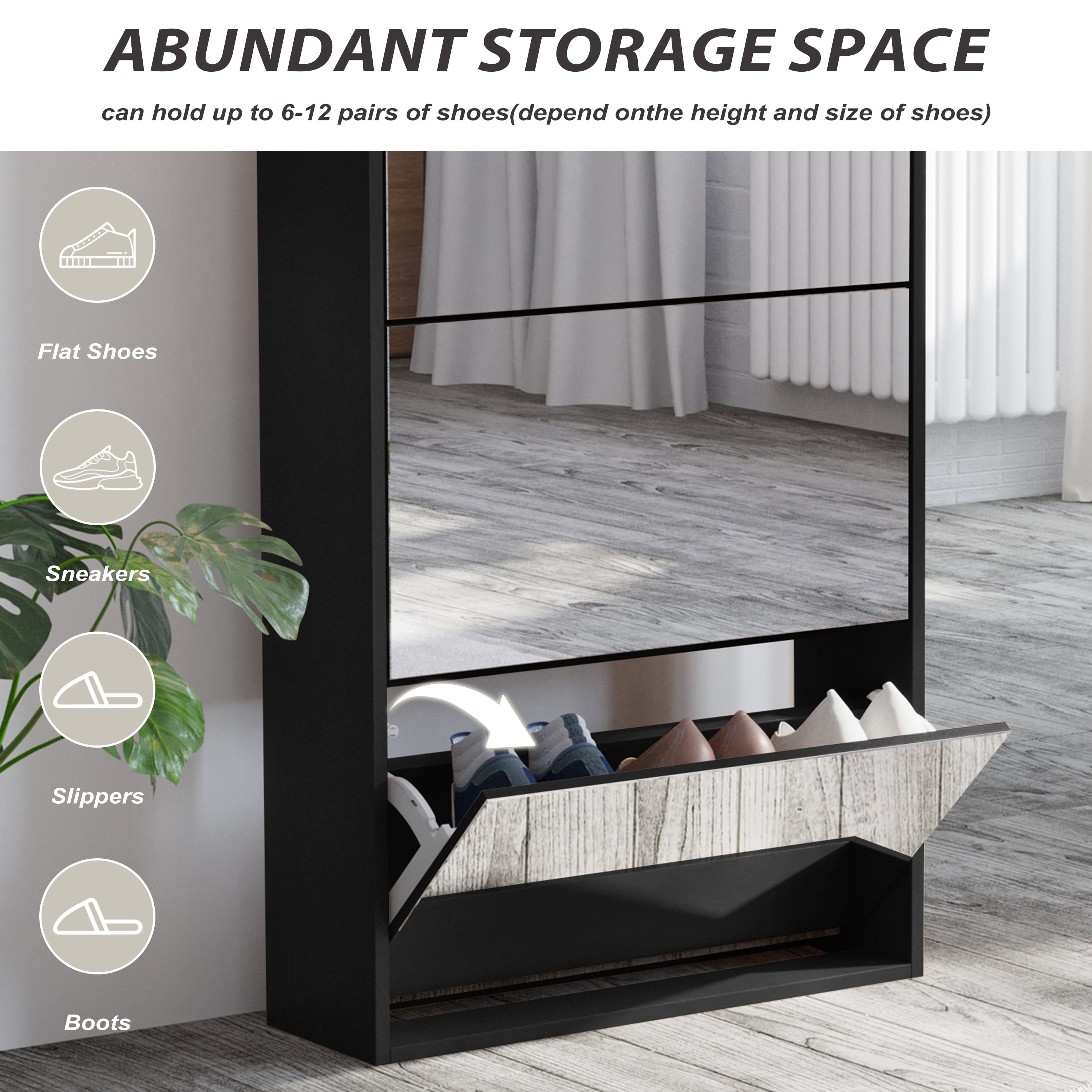 Prime Garden Mirror Shoe Cabinet, Mirrored Shoe Rack with Tier