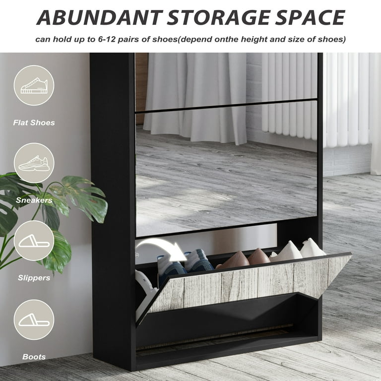 Prime Garden Mirror Shoe Cabinet Mirrored Shoe Rack with 3 Tier for Entryway Black