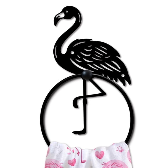 Flamingo Metal Towel Ring Rustic Flamingo Animal Towel Holder Wall Bath Towel Ring Black Art Towel Rack Wall Mounted Bathroom Kitchen Towel