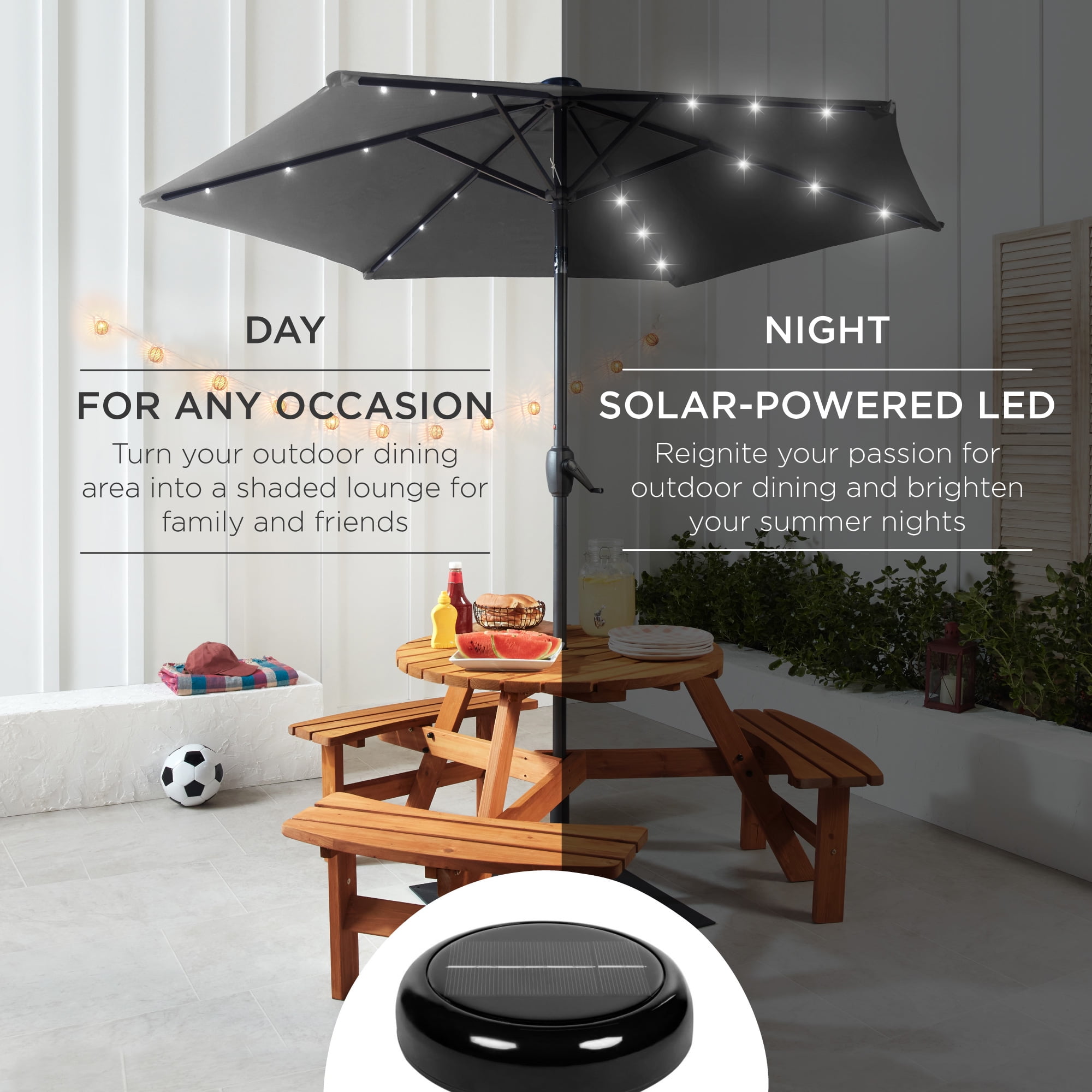 Lawn Aok Garden 7.5 ft Solar Patio Umbrella with 18 LED Lights Outdoor Table Market Umbrella with Push Button Tilt and Crank 6 Sturdy Aluminum Ribs for Deck Pool& Backyard