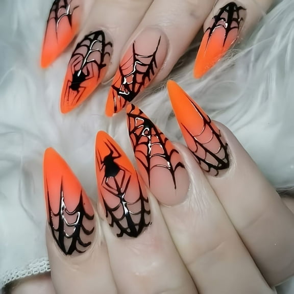 Yoyauz 24PCS Almond Shaped Nail, Fake Nail, Spider Web Purple Design, Charming Acrylic Nail, Halloween Suitable For Girls And Ladies