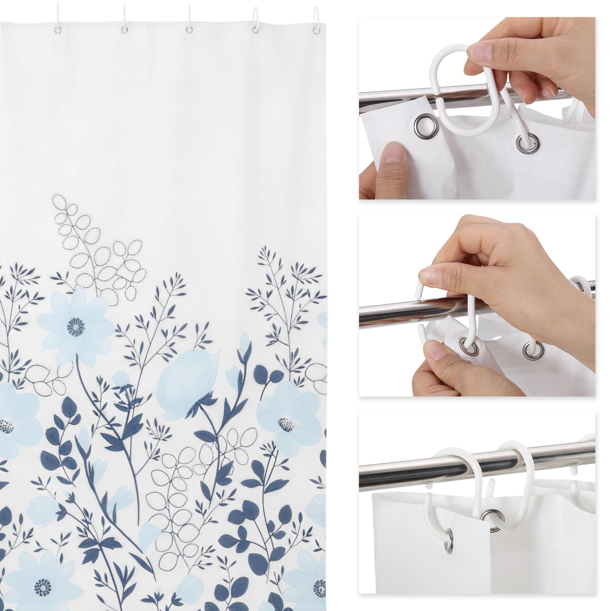 Unique Bargains Flower Shower Curtain 70.87x70.87 White Blue Set for Bathroom