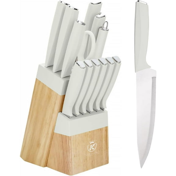 Kitchen Knife Block Set, 14-Piece Knife Set with Block and Sharpener, Sharp Stainless Steel Chef Knife Set for Kitchen Home Apartment Restaurant, White Knives Set Gifts for Women Mom