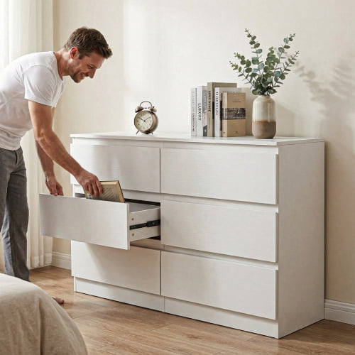 White 6 Drawer Dresser, Modern Dresser for Bedroom, Wood Storage Cabinet with 6 Deep Drawers, Concealed Handles for Living Room, Hallway Entryway