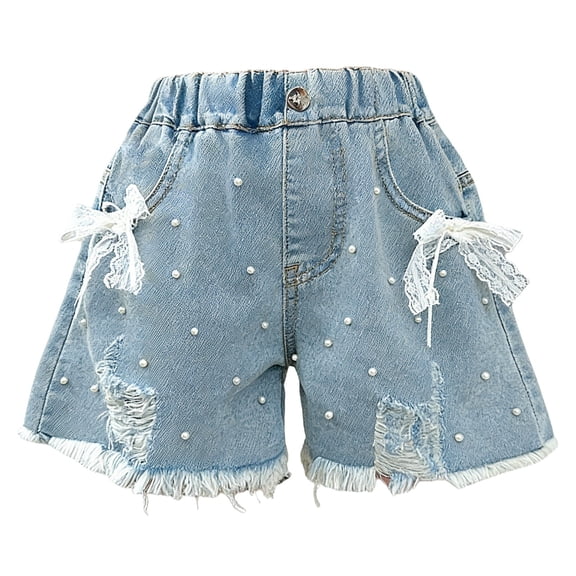 YunPes Jean Shorts for Girls Cute Bow Lace Strap & Pearl Summer Y2k Denim Shorts Ripped Raw Hem High Waist Wide Leg Pull On Pants