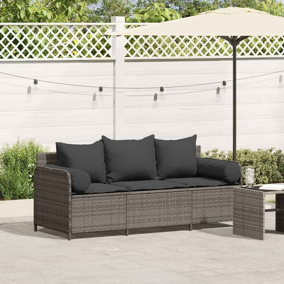 vidaXL Patio Sofa with Cushions 3-Seater Gray Poly Rattan