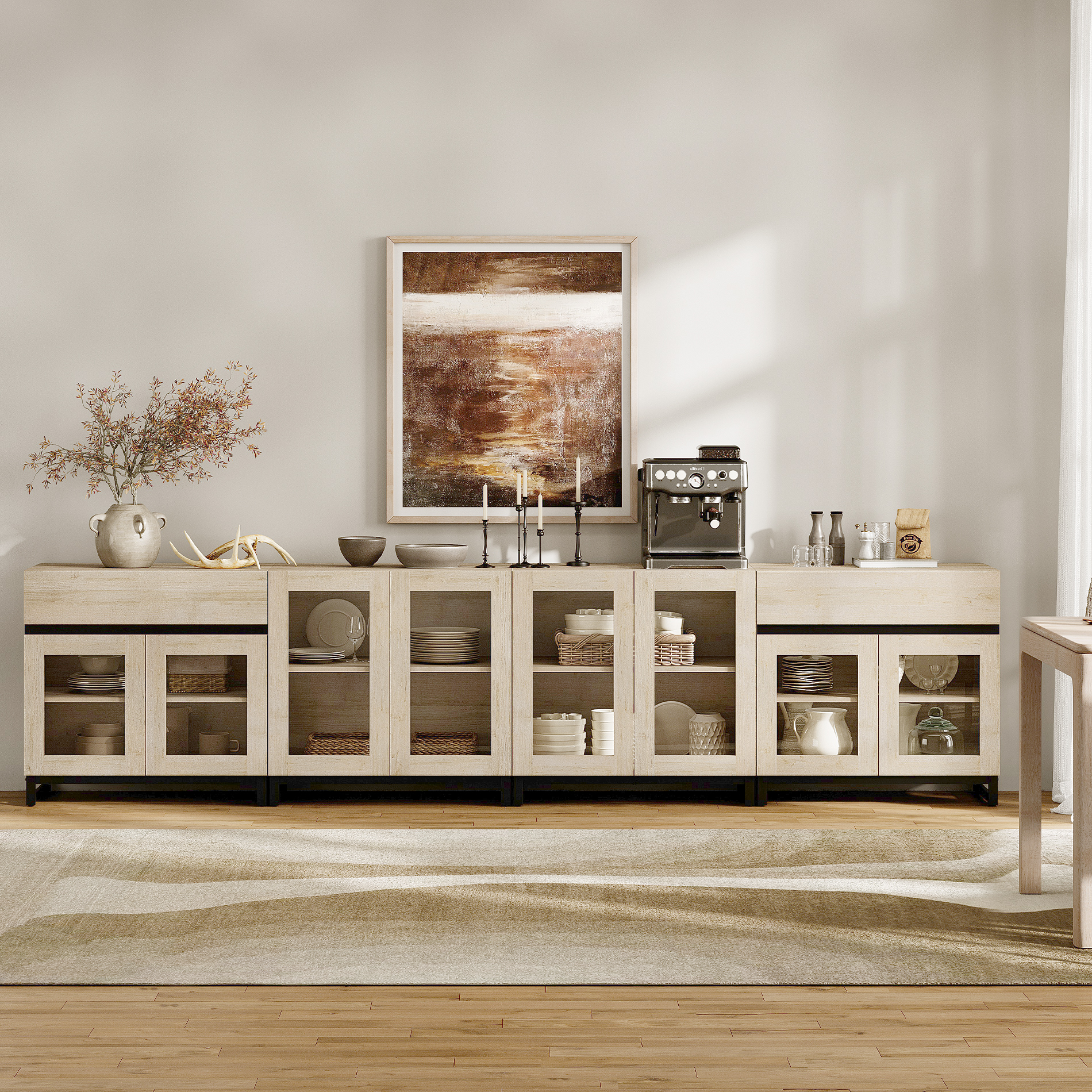 WAMPAT Storage Cabinet with Glass Doors, 4 in 1 Modern Sideboard with Adjustable Shelves and 2 Drawers, Coffee Bar Cabinet for Living Room, Kitchen, Beige