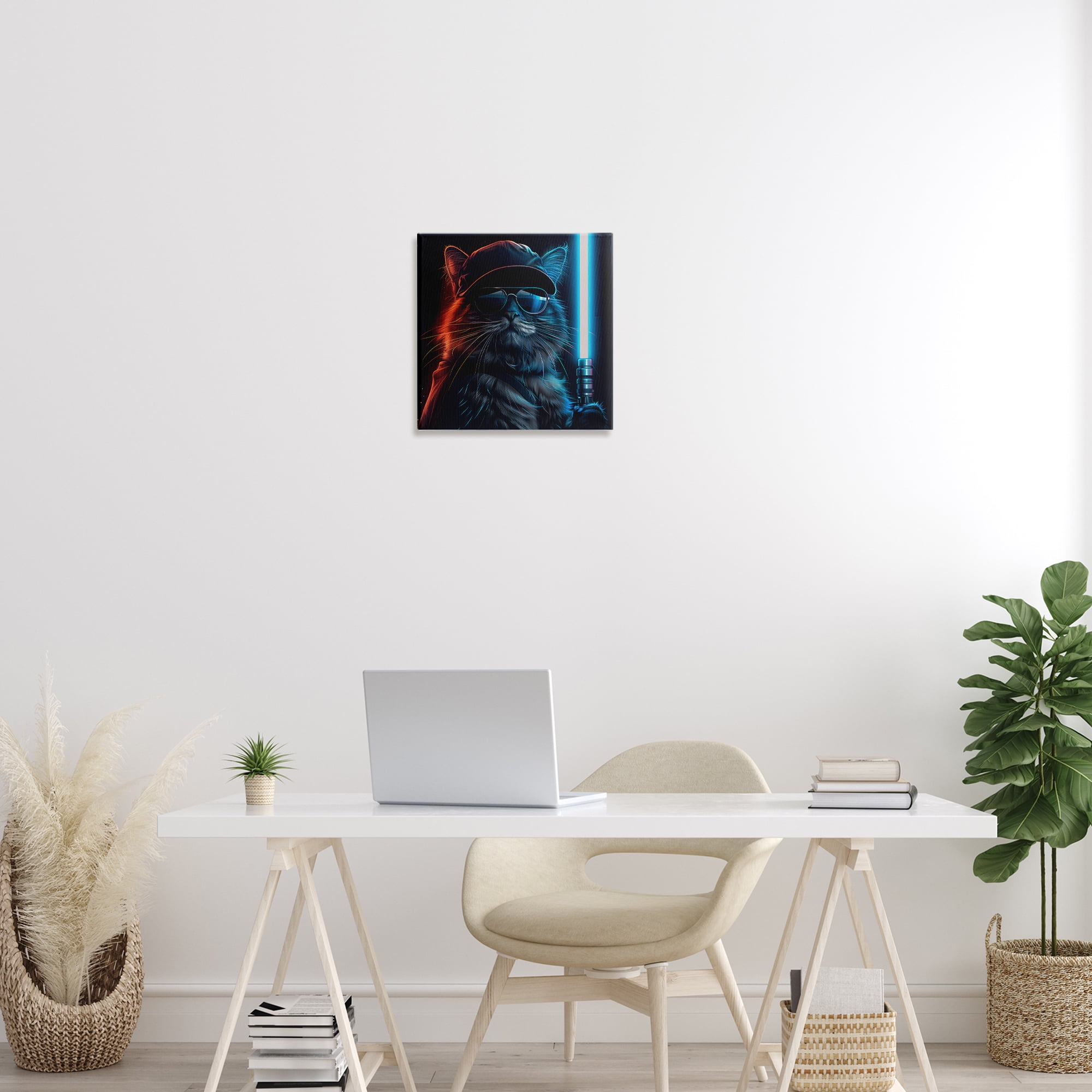 Stupell Industries Sci-Fi Cat with Glowing Saber Fantasy & Sci-Fi Painting Wrapped Canvas Art Print Wall Art, 17 x 17