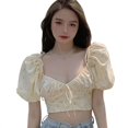 thumbnail image 1 of OUSITAID Femmes V Col Imprimé Floral Doux Exposé Nombril Bouffée Chemise à Manches Courtes Chemisier, 1 of 6