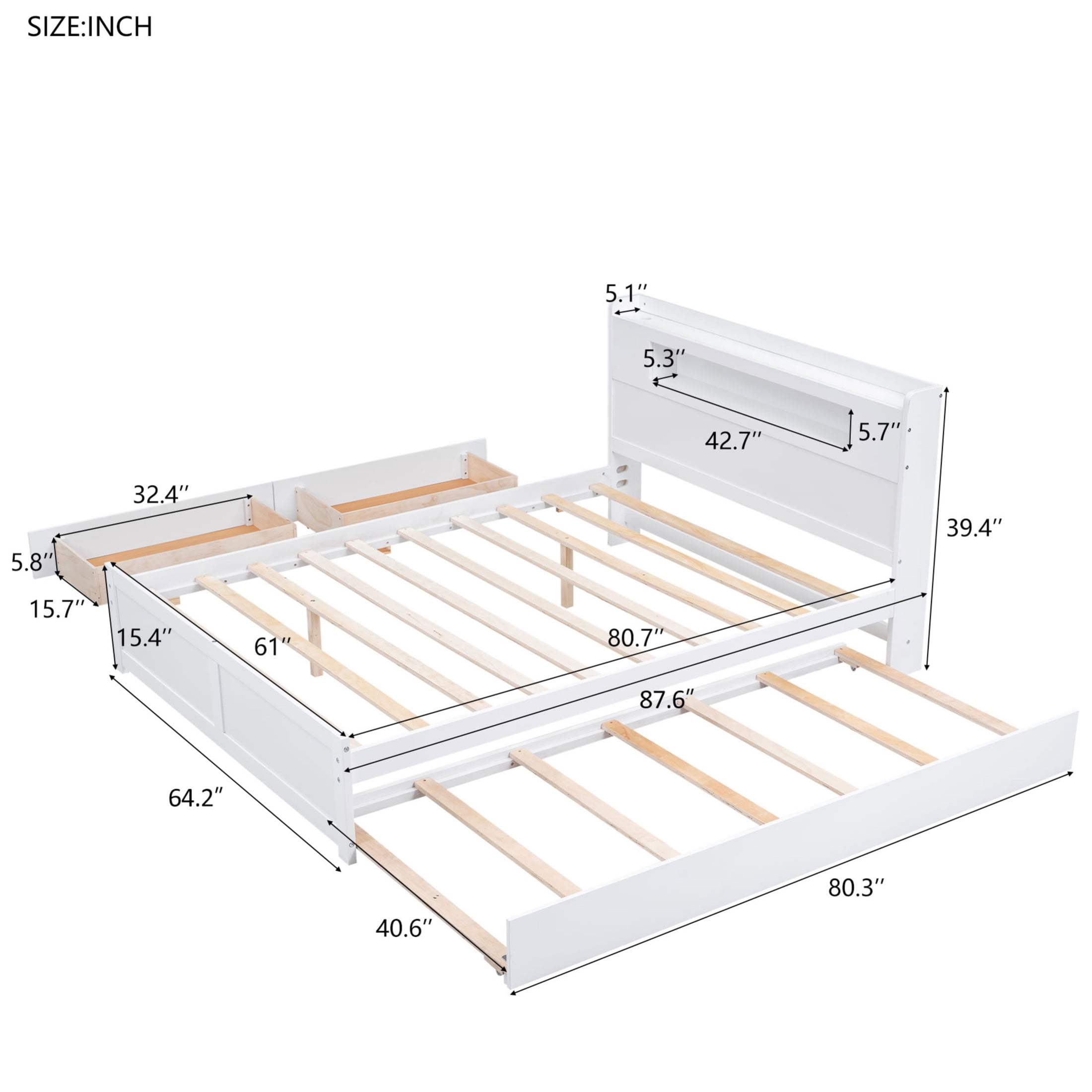 Noble House Queen Size Pine Wood Platform Bed with LED Headboard, Storage Drawers and Twin Trundle, White
