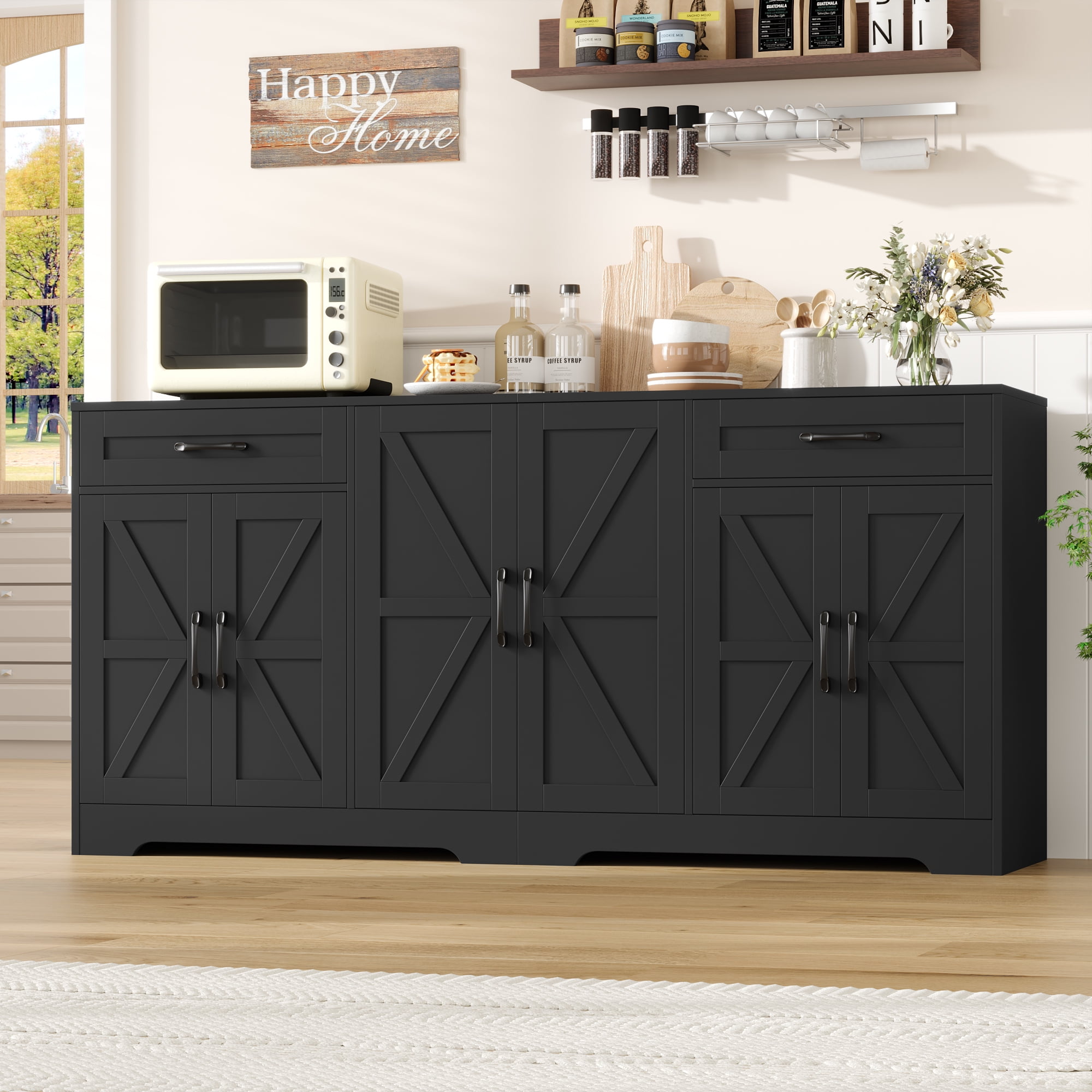Homfa 6-Doors Farmhouse Sideboard with 2-Drawers, 70.8" W Buffet Cabinet with Adjustable Shelves for Kitchen Dining Room, Black