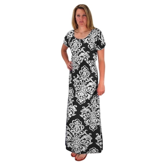 Damask Print Cap Sleeves Smocked Waist Plus Sized Maxi Dresses