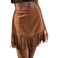 thumbnail image 3 of Women'S Suede Fringe Cowgirl Skirts Country Concert Outfit Western High Waisted Mini Skirt Western Caramel Color S, 3 of 9