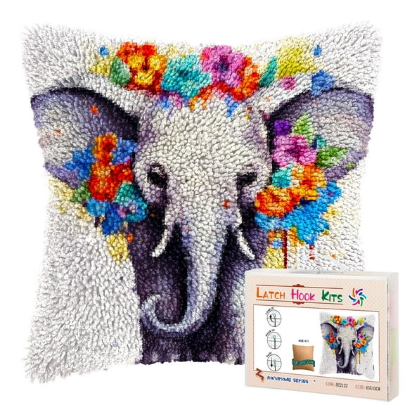Watercolor Cute Grey Elephant and Pansy DIY Latch Hook Pillow Kits for Adults Printed Pillowcase Crochet Yarns Hooking Handmade Pillow Cover Cushion for Home Sofa Decoration 17x17inch