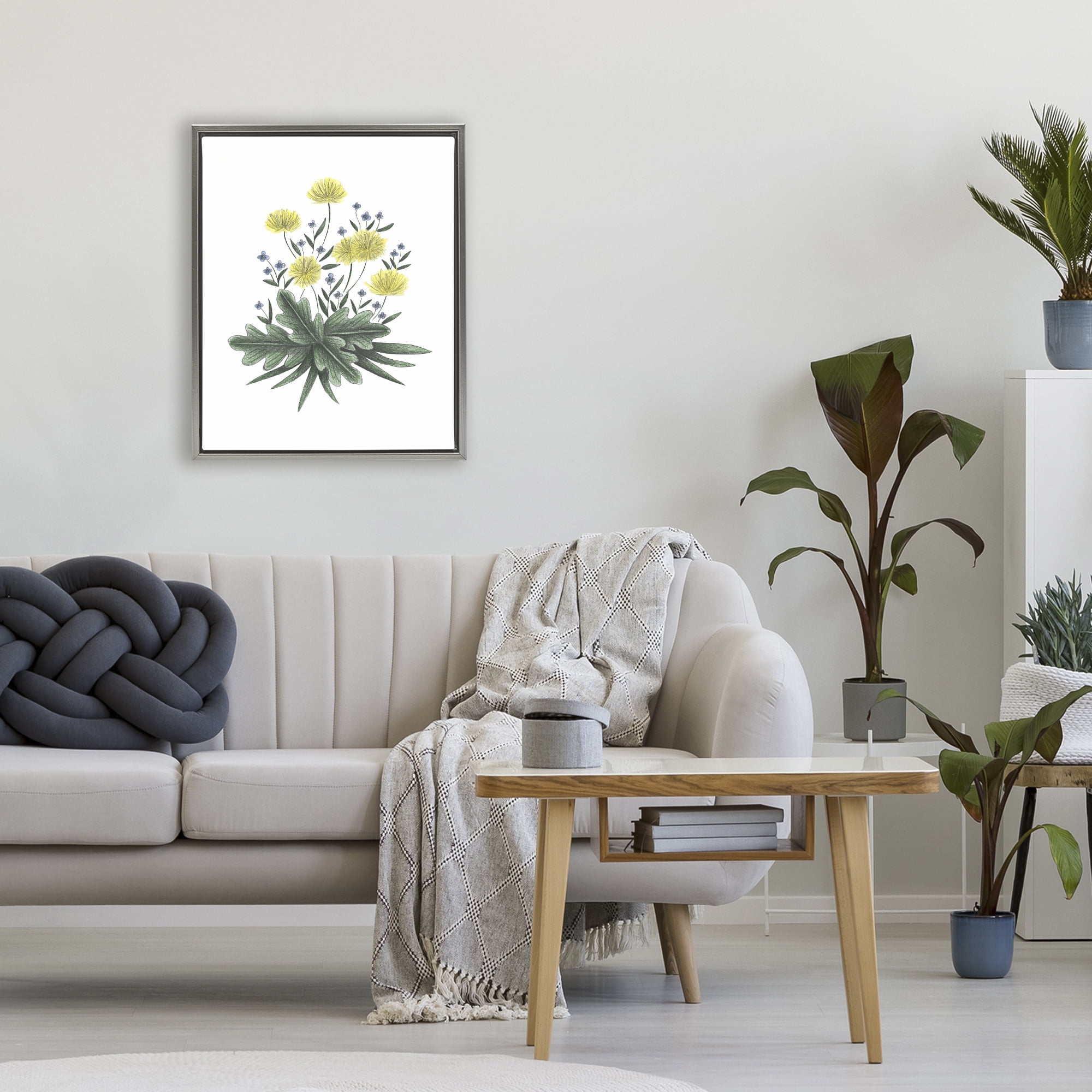 Dandelion Flower Illustration Gray Framed Floater Canvas Wall Art, design by Cecilia Battaini