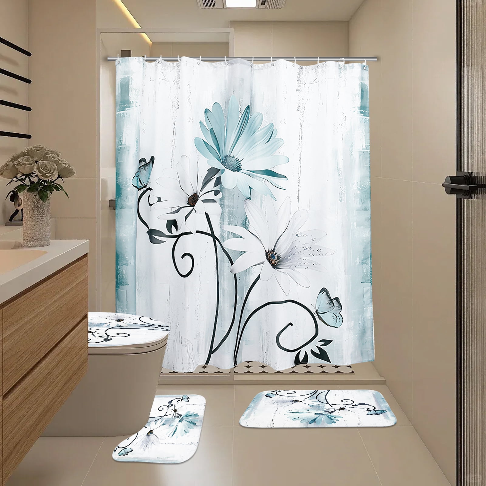 Dznils Rustic Farmhouse Shower Curtain and Rug Set, 16 Pc Teal Daisy Floral Bathroom Set, 72" x 72"