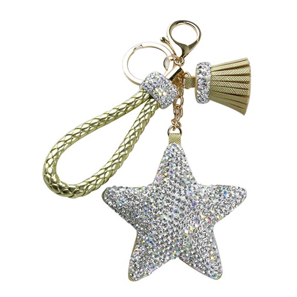 Golden Rhinestone Star Keychains Gift Pentagram Key Holder Pendant PU Crystal Key Rings Craft Ornaments for Car Key Bag Hanging
