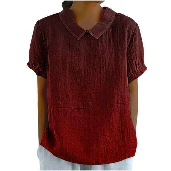 Zpanxa Linen Top for Women Short Sleeve Solid Color Summer Blouse with Detachable Peter Pan Collar Loose Fit Versatile Shirt