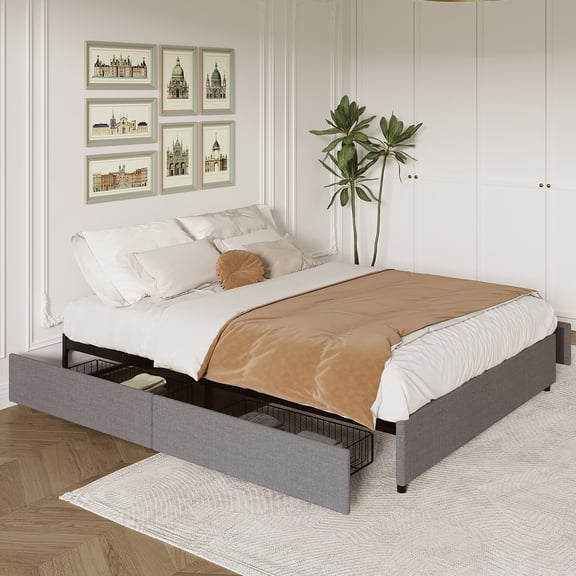 Full / Queen / King Platform Bed Frame with 4 Storage Drawers, Fabric Upholstered, No Box Spring, Wooden Slats, Noise Free, Easy Assembly, Dark Grey