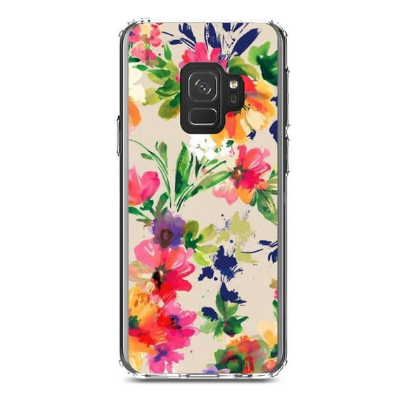 DistinctInk Clear Shockproof Hybrid Case for Samsung Galaxy S9 (5.8" Screen) - TPU Bumper, Acrylic Back, Tempered Glass Screen Protector - Pink Purple Floral Flowers