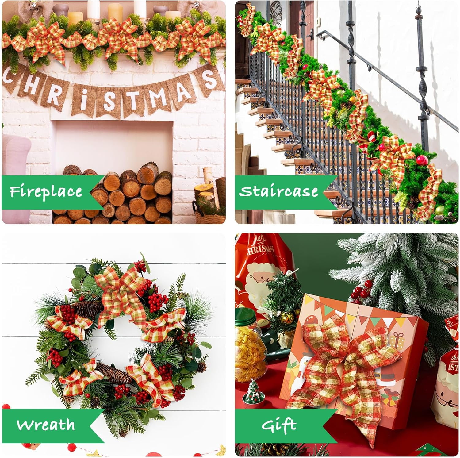 Dalrosia Christmas Tree Ribbon Garland Red and Green Polka Dot Ribbon Garland for Christmas Tree Burlap Ruffled Wired Ribbon Xmas Tree Garland Vintage Rustic Farmhouse Home Deco