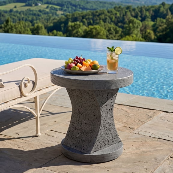 MOALCOFER 20" Hourglass Faux Wood Grain Magnesium Oxide Side Table, Modern Outdoor Patio Garden Backyard End Table, Gray