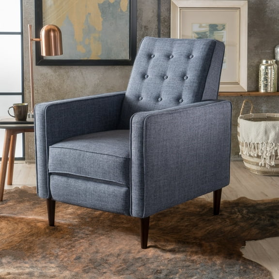 Noble House Marrin Standard Dark Blue Fabric Button Tufted Recliner