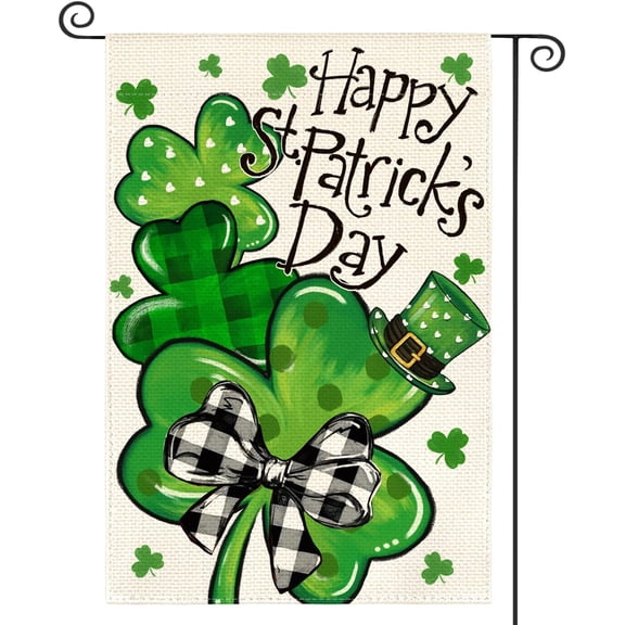 Happy St Patricks Day Garden Flag 12x18 Inch Double Sided Outside, Lucky Shamrocks Clovers Holiday Yard Outdoor Flag