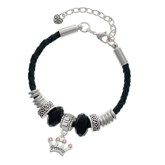 Delight Jewelry Silvertone Small ''Princess'' Crown with Pink Crystals Lil Sister Celtic Knot Leather Bead Bracelet, 7" 2" Extender