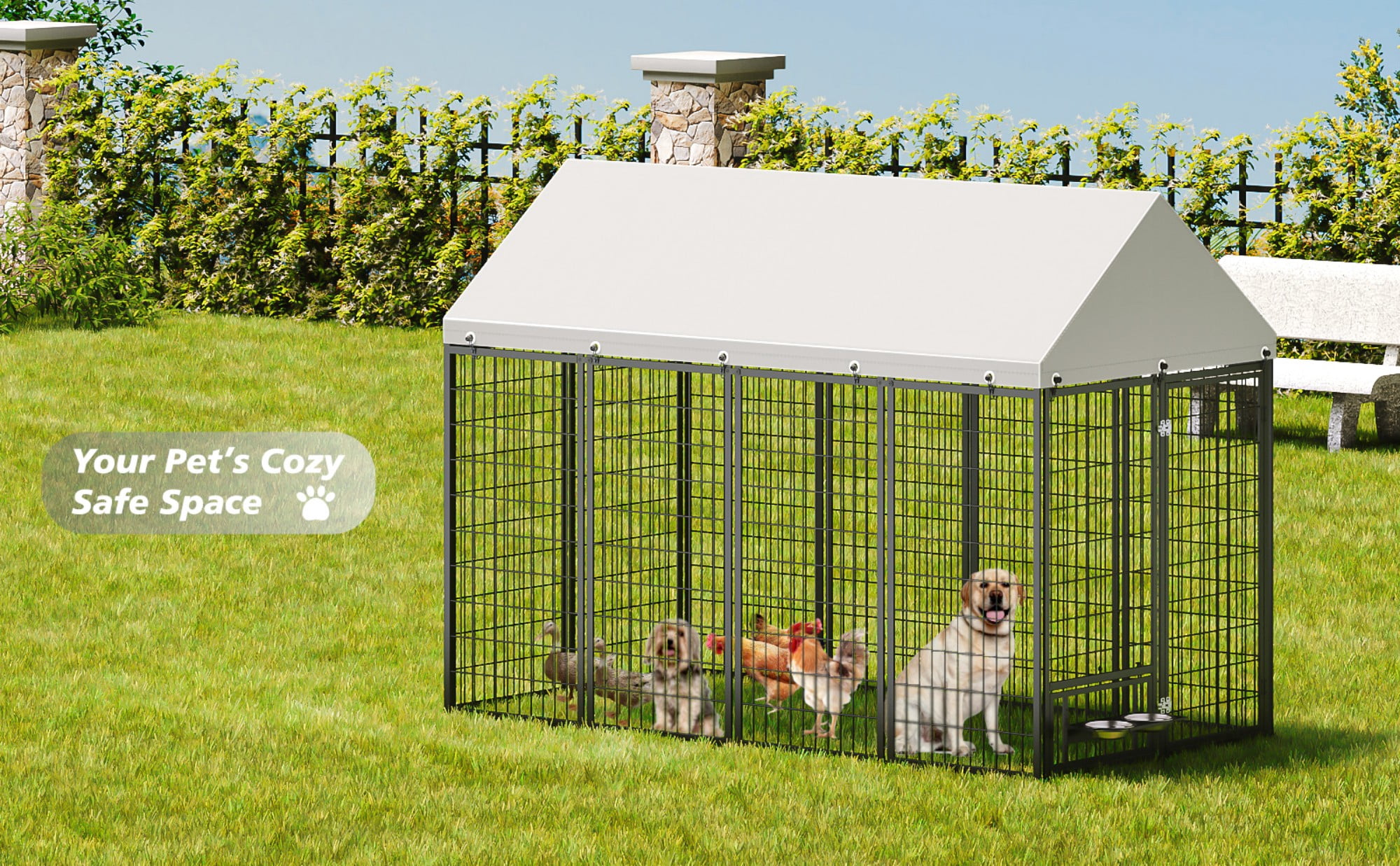 BOFANG Heavy Duty Dog Kennel Outdoor Metal Pet Run with Roof Cover Double Door Lock Feeder