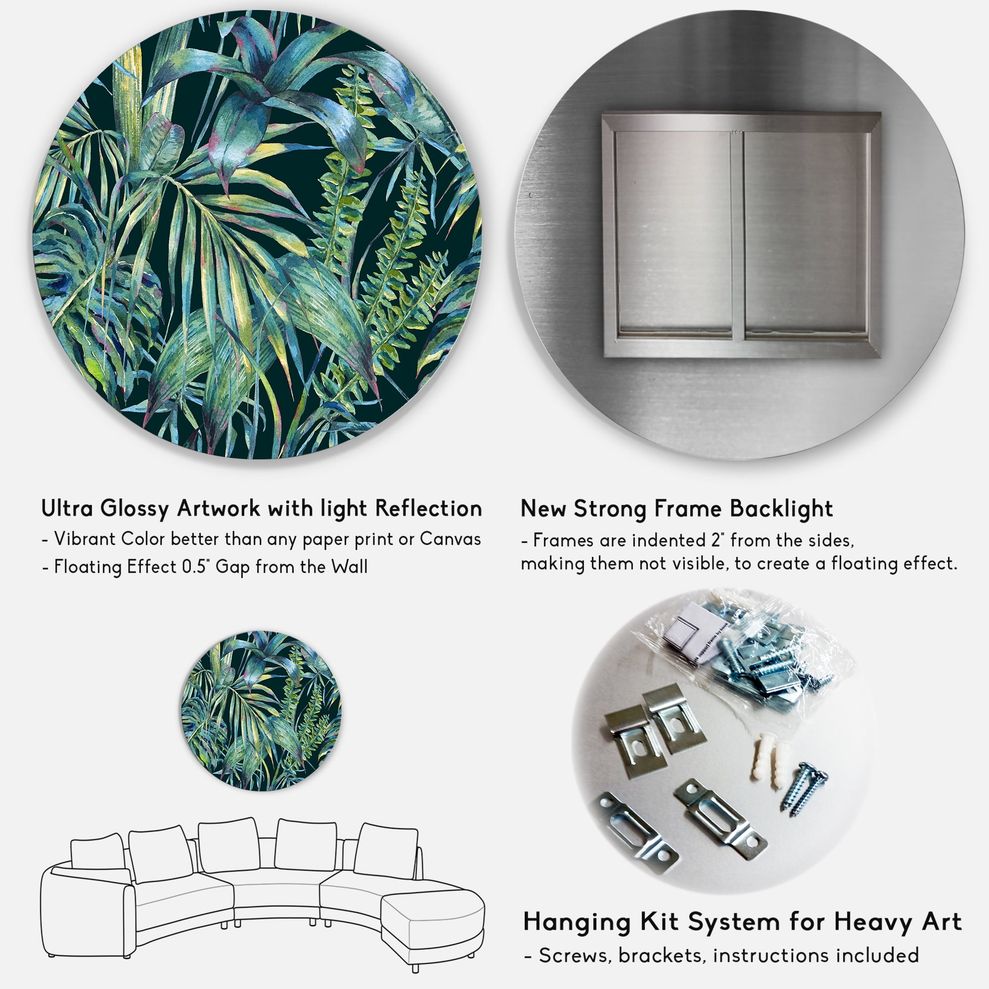 Designart 'Natural Green Leaves Exotic On Dark I' Tropical Circle Metal Wall Art 29x29 - Disc of 29