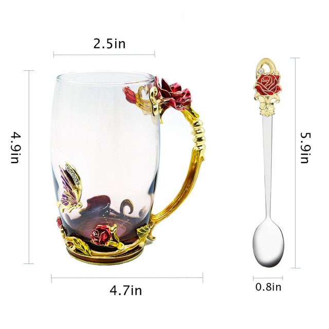 2 tazas de té de cristal, sin plomo, hechas a mano, con diseño de mariposa esmaltada y rosa azul con asa, ideas de regalo de cumpleaños personalizadas únicas para mujeres, abuela, mamá, amiga Ormromra FLD-2730