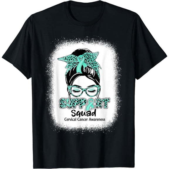 Support Squad Messy Bun Teal Ribbon Cervical Cancer T-Shirt