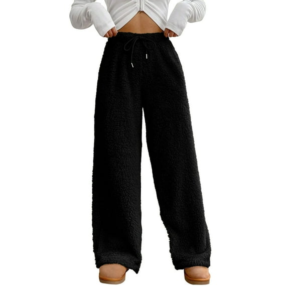 GILIGEGE Women's Fuzzy Plush Pajama Pants Drawstring Elastic Waist Wide Leg Pj Bottoms Lounge Pants Winter Cozy Comfy Lounge Pants Warm Soft Fleece Pajama Bottoms Sleepwear Black XL