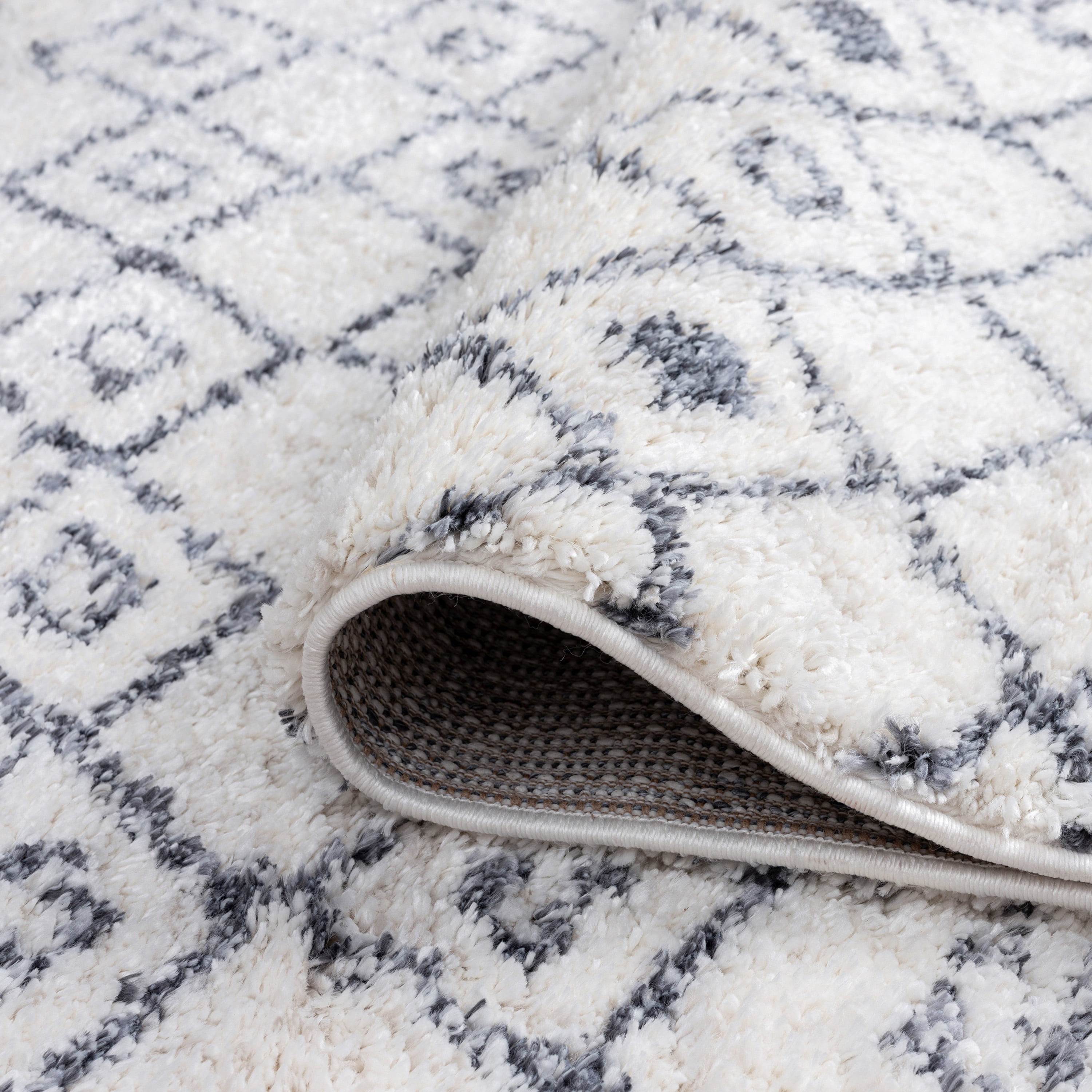 Shag 5x8 Area Rug Thick (5'3'' x 7'3'') Geometric Cream, Dark Gray Living Room Easy to Clean