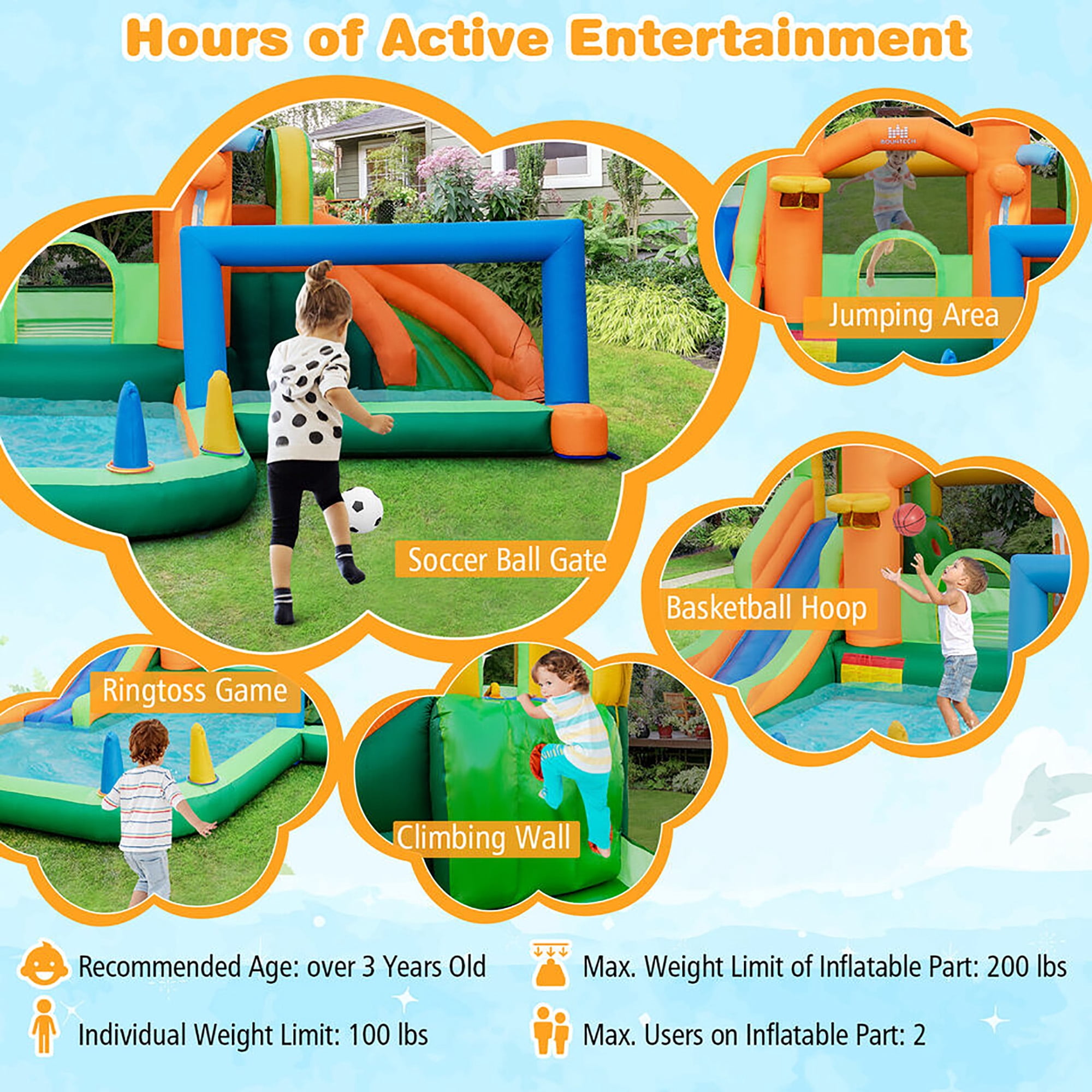 Gymax Kids Inflatable Water Slide Park w/735W Blower Basketball Rim Wet Dry Combo