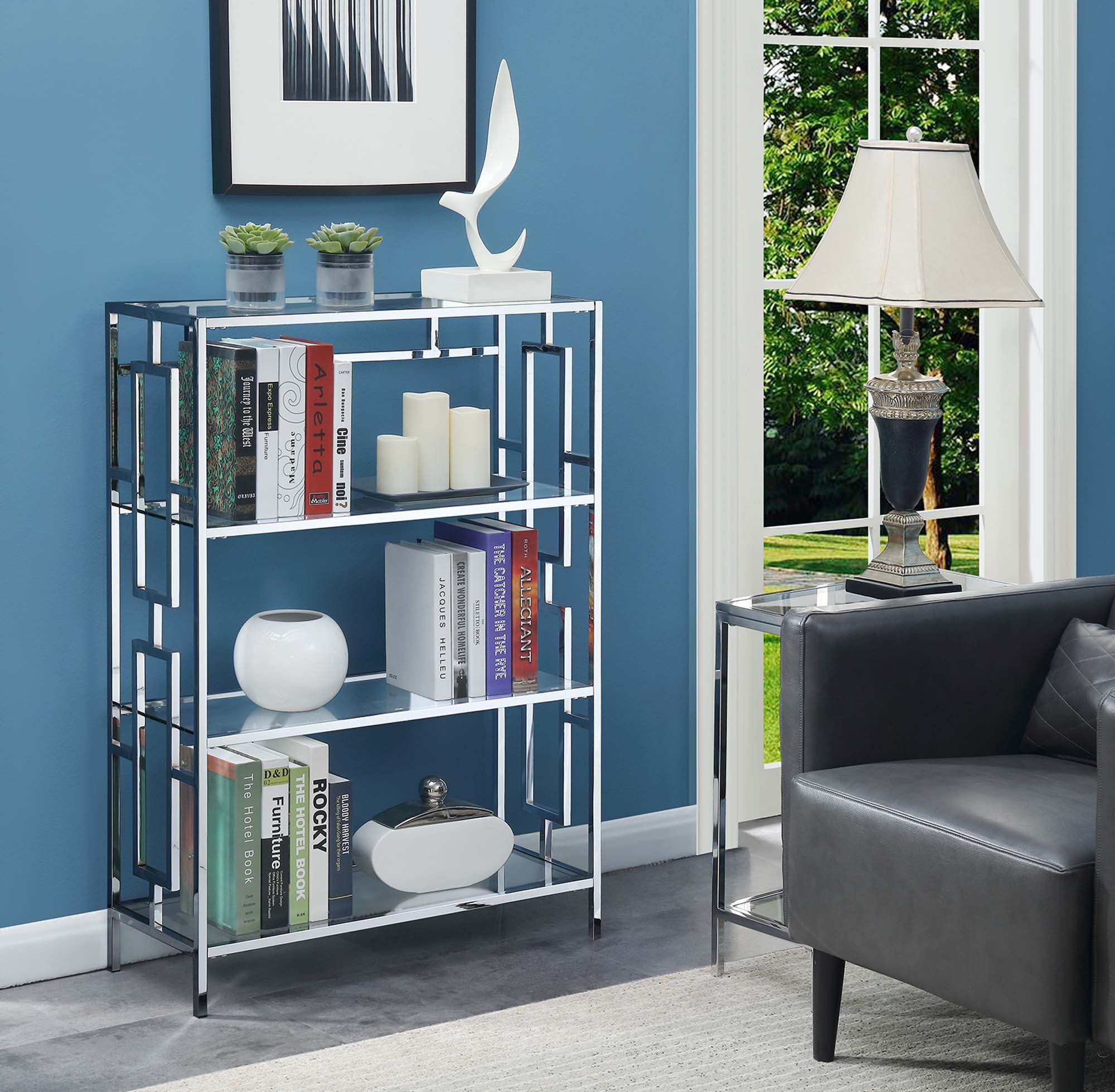 Convenience Concepts Town Square Chrome 4 Tier Bookcase, Glass/Chrome