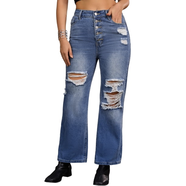 Jeans rasgados para mujer INSPIRE CHIC, con botones frontales, elásticos, agujeros destruidos, de tiro alto, pantalones de mezclilla XL azules