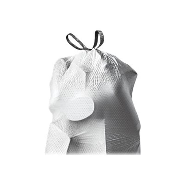 Essendant Inc Glad OdorShield Tall Kitchen Drawstring Bags, 13-gallon capacity, shown in white with a textured surface and drawstring closure. Designed for kitchen use, this pack of 80 bags features odor-neutralizing properties with a lavender scent.