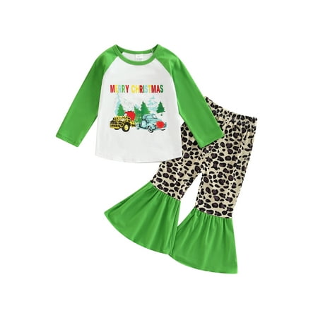 

IZhansean Toddler Baby Girls Christmas Clothes Long Sleeve Car/Santa Claus Print Tops + Leopard Print Flared Pants 2Pcs Sets Green 2-3 Years