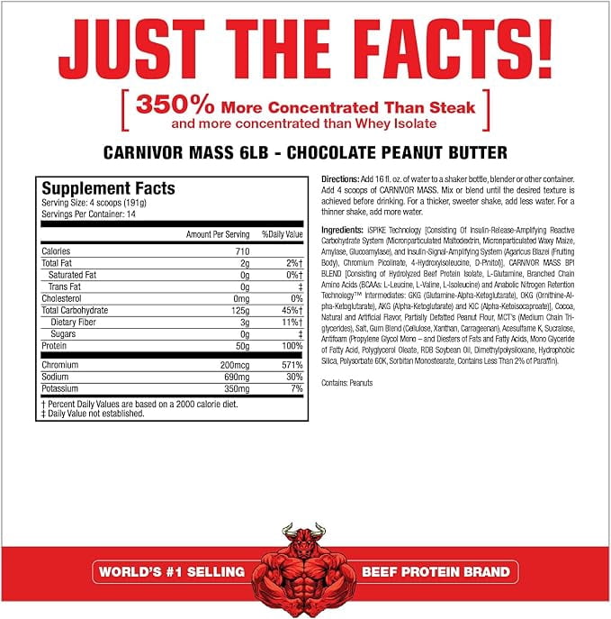 MuscleMeds Carnivor Mass Gainer – 50 g Beef Protein Isolate & 125 g Reactive Carbs – Sugar‑Free, Fat‑Free, Lactose‑Free – Chocolate Peanut Butter, 6 lb
