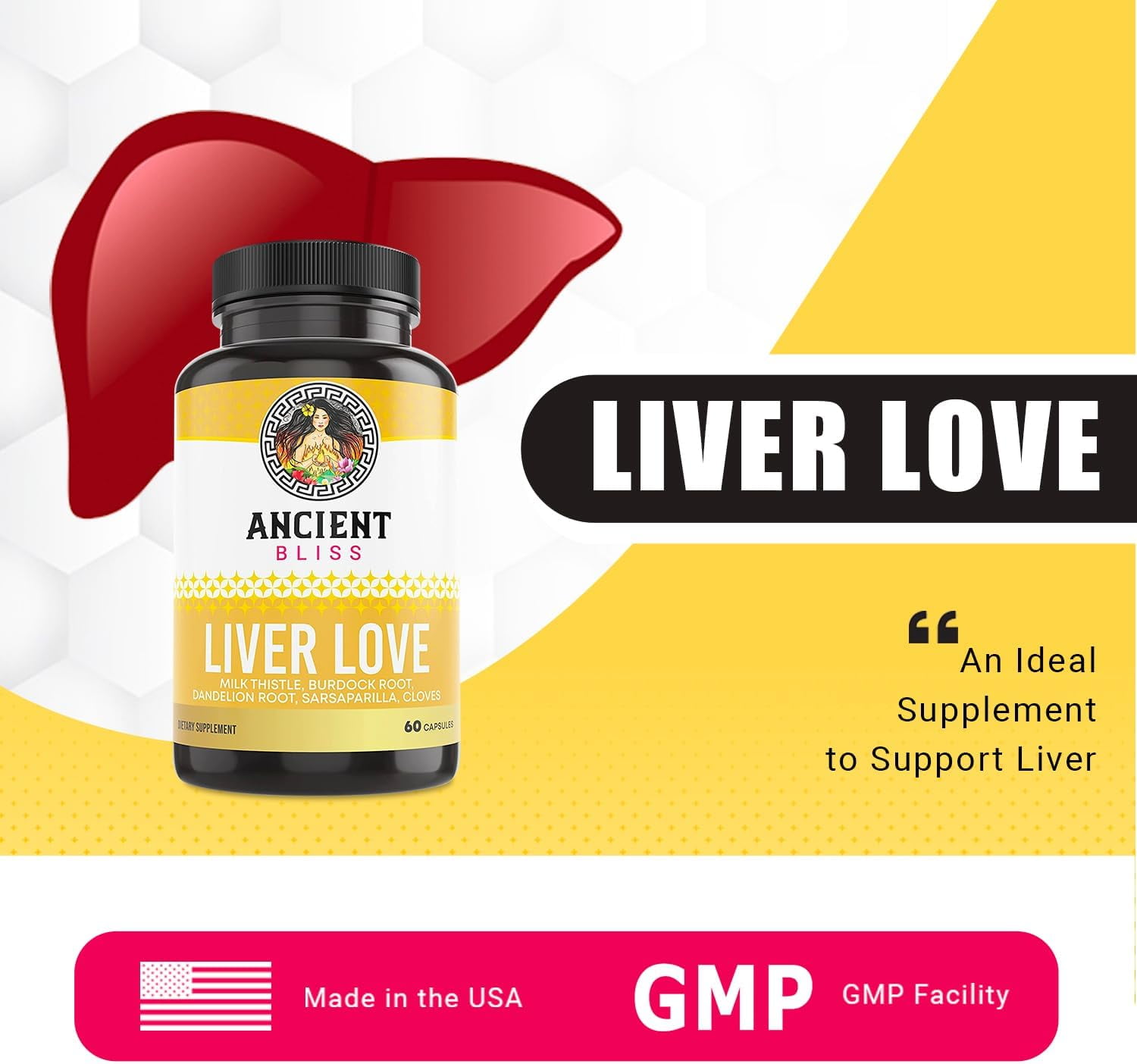 Ancient Bliss Liver Love - Natural Milk Thistle Liver Detox and Liver Health Cleanse Supplement - Support Healthy Liver in Men and Women,60 Capsules - with Burdock, Dandelion.